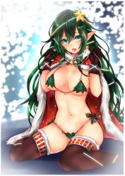 Rule 34 | 1girl, :o, aqua eyes, backlighting, bikini, black gloves, black thighhighs, blush, border, breasts, cape, christmas, christmas lights, christmas ornaments, christmas tree, cleavage, elf, fading border, frofrofrost, fur-trimmed cape, fur trim, gloves, green bikini, green hair, hair between eyes, hair ornament, hands up, large breasts, long hair, looking at viewer, navel, open mouth, original, personification, pointy ears, red cape, round teeth, shiny skin, sidelocks, sitting, skindentation, solo, star (symbol), star hair ornament, stomach, swimsuit, teeth, thighhighs, very long hair, w arms, wariza