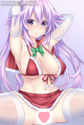 Rule 34 | 1girl, adult neptune, alternate costume, armpits, arms behind head, bikini, blush, breasts, censored, choujigen game neptune, christmas, fanbox username, gabriel evangel, gloves, highres, large breasts, long hair, microskirt, navel, neptune (neptunia), neptune (series), paid reward available, patreon username, purple eyes, purple hair, santa bikini, santa costume, simple background, skindentation, skirt, smile, solo, spread legs, squatting, swimsuit, thighhighs, white thighhighs