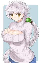 Rule 34 | 10s, 1girl, alternate costume, arms behind back, braid, breasts, cleavage cutout, clothing cutout, colored eyelashes, hand on own chest, highres, jitome, kantai collection, large breasts, long hair, looking at viewer, meme attire, okitsugu, open-chest sweater, outside border, ribbed sweater, silver hair, single braid, solo, sweater, turtleneck, unryuu (kancolle), very long hair, yellow eyes