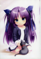 Rule 34 | 1girl, absurdres, aged down, black cat, black jacket, bloom, blue eyes, blue ribbon, blush, cat, child, closed mouth, collarbone, eyelashes, frilled ribbon, frills, full body, hair ribbon, highres, jacket, little busters!, long hair, long sleeves, looking at animal, looking down, miniskirt, no shoes, open clothes, open jacket, parted bangs, purple hair, ribbon, sasasegawa sasami, scan, shirt, simple background, sitting, skirt, smile, socks, solo, straight-on, two side up, very long hair, wariza, white background, white shirt, white skirt, white socks, zen (kamuro)