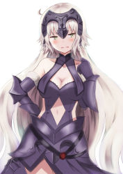 Rule 34 | 1girl, absurdres, ahoge, blush, breasts, cleavage, commentary request, fate/grand order, fate (series), gauntlets, grey eyes, hairpiece, highres, jeanne d&#039;arc (fate), jeanne d&#039;arc alter (avenger) (fate), jeanne d&#039;arc alter (avenger) (third ascension) (fate), jeanne d&#039;arc alter (fate), long hair, looking away, navel, parted lips, shibakame, silver hair, solo, wavy mouth, white background