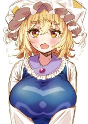 Rule 34 | 1girl, animal hat, blonde hair, blush, breasts, breasts squeezed together, commentary request, dress, fang, flying sweatdrops, hair between eyes, hat, large breasts, looking at viewer, medium hair, mob cap, open mouth, raised eyebrows, simple background, solo, sweat, tabard, tassel, thick eyebrows, touhou, touya (konpekitou), upper body, wavy mouth, white background, white dress, white hat, yakumo ran, yellow eyes