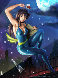 Rule 34 | 1girl, 2017, bad id, bad pixiv id, black hair, blue bodysuit, bodysuit, breasts, broken glass, brown eyes, card, cat&#039;s eye, character name, cleavage, collarbone, dated, full body, glass, glass shards, holding, holding card, kisugi hitomi, long hair, looking to the side, medium breasts, moon, nail polish, night, night sky, outdoors, parted lips, pink nails, sideboob, sky, smile, solo, straight hair, tamanegiinyo