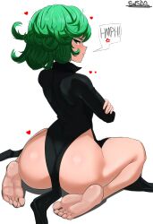 Rule 34 | 1girl, absurdres, anger vein, artist name, ass, barefoot, black dress, closed mouth, collared dress, commentary, curly hair, curvy, dress, english text, feet, from behind, green eyes, green hair, half-closed eye, hammerofsolace, hand on own arm, heart, highres, huge ass, legs, looking back, medium hair, one-punch man, pout, profile, shiny skin, simple background, sitting, soles, solo, spoken anger vein, tatsumaki, thighs, toes, wariza, white background, wide hips