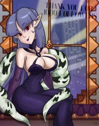 Rule 34 | 1girl, alternate form, blunt bangs, breasts, cityscape, cleavage, detached collar, double (skullgirls), dress, elbow gloves, elf, feather boa, gloves, highres, indoors, large breasts, long hair, o-ring, pointy ears, purple hair, purple lips, red eyes, skullgirls, smile, solo, thabackbone1, thank you, window