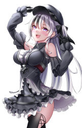 Rule 34 | 1girl, :d, arm up, azur lane, black gloves, black headwear, black thighhighs, blue eyes, blush, breasts, cross, dress, elbe (azur lane), feet out of frame, gloves, grey dress, hair ribbon, hand on headwear, highres, iron cross, long hair, looking at viewer, medium breasts, multicolored eyes, naga (pixiv70891418), open mouth, purple eyes, ribbon, silver hair, smile, solo, standing, thighhighs, v, white background