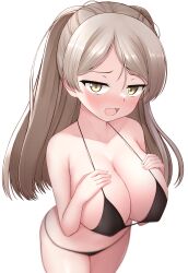 Rule 34 | 1girl, absurdres, bare arms, bare legs, bare shoulders, bikini, black bikini, blush, breasts, brown eyes, cleavage, collarbone, conte di cavour (kancolle), cowboy shot, grey hair, highres, kantai collection, large breasts, long hair, looking at viewer, open mouth, simple background, solo, swimsuit, tiemu (man190), white background