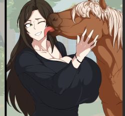 Rule 34 | 1girl, bestiality, breasts, brown eyes, brown hair, cleavage, exabyte (parallax05), horse, huge breasts, idolmaster, idolmaster cinderella girls, large breasts, licking, long hair, mukai takumi, one eye closed, smile, tongue, tongue out, wink