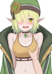 Rule 34 | 1girl, @ @, absurdres, aoi (camp) (princess connect!), aoi (princess connect!), bare shoulders, blush, breasts, camping, choker, cleavage, collarbone, elf, embarrassed, fang, grabbing, grabbing another&#039;s breast, green hair, green headwear, green jacket, hair over one eye, highres, jacket, jacket on shoulders, looking at viewer, medium breasts, medium hair, navel, pendant choker, pointy ears, princess connect!, ryachika, simple background, skin fang, solo focus, sports bra, sweat, white background, yellow eyes