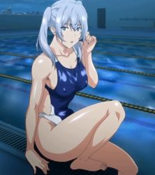 Rule 34 | 1girl, blue eyes, breasts, competition swimsuit, kimi omou koi, kuroe (kimi omou koi), one-piece swimsuit, pool, screencap, stitched, swimsuit, third-party edit, twintails
