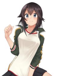 Rule 34 | 1girl, black hair, black skirt, commentary request, cowboy shot, grey eyes, gym shirt, hanaya (oegven9), hayasui (kancolle), highres, jacket, kantai collection, long sleeves, multicolored clothes, multicolored jacket, open clothes, open jacket, pleated skirt, shirt, short hair, simple background, skirt, solo, track jacket, white background, white shirt