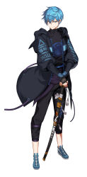 Rule 34 | 1boy, absurdres, black gloves, black jacket, black nails, black pants, black shirt, blue eyes, blue footwear, blue hair, closers, clothes writing, fingerless gloves, full body, gloves, hair between eyes, hands on hilt, highres, hood, hood down, hooded jacket, jacket, jewelry, katana, long sleeves, looking at viewer, male focus, nata (closers), official art, open clothes, open jacket, pants, puffy long sleeves, puffy sleeves, purple shirt, ring, sheath, sheathed, shirt, shoes, short hair, smile, sneakers, solo, sword, tachi-e, tassel, two-tone shirt, v-shaped eyebrows, weapon, white background