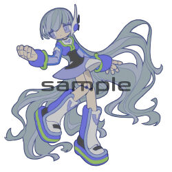 Rule 34 | 1girl, aiobahn, android, blunt bangs, boots, circle skirt, closed mouth, dress, expressionless, full body, grey hair, ha4to, jacket, joints, knee boots, long hair, long sleeves, looking to the side, lowres, purple jacket, robot joints, sample watermark, solo, standing, very long hair, watermark, white background