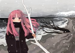 Rule 34 | 1girl, bare tree, beach, black jacket, blush, branch, cloud, cloudy sky, commentary request, covered mouth, cowboy shot, grabbing, hair between eyes, hand in pocket, highres, holding, jacket, long hair, long sleeves, looking at viewer, mountain, ocean, open clothes, open jacket, original, pants, pink hair, purple eyes, sky, snow, solo, standing, tree, winter, zinbei, zipper
