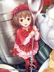 Rule 34 | 1girl, :d, argyle, argyle clothes, argyle legwear, beret, bow, brown eyes, brown hair, capelet, female focus, flower, food, foreshortening, frills, from above, full body, hat, highres, holding, holding spoon, ilog, long sleeves, looking at viewer, matching hair/eyes, mini person, minigirl, official art, open mouth, pink skirt, plaid, plaid bow, plaid headwear, red capelet, red footwear, red hat, red thighhighs, shoes, short hair, skirt, smile, solo, spoon, standing, sweatdrop, teapot, thighhighs, uchida masahiro, watermark
