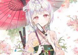 Rule 34 | 1girl, bad id, bad pixiv id, blush, branch, cherry blossoms, closed mouth, floral print, flower, folded fan, folding fan, hair flower, hair ornament, hand fan, head tilt, holding, holding fan, holding umbrella, japanese clothes, katana, kimono, long hair, long sleeves, obi, oil-paper umbrella, one side up, original, pink flower, pink kimono, print kimono, qlakwnd, red eyes, red umbrella, sash, smile, solo, sword, umbrella, upper body, weapon, wide sleeves