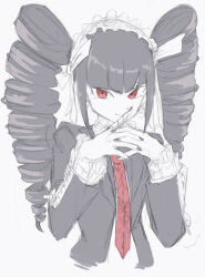 Rule 34 | 1girl, bababaeki00, black hair, black jacket, black nails, celestia ludenberg, closed mouth, cropped torso, danganronpa: trigger happy havoc, danganronpa (series), frilled jacket, frills, headdress, highres, interlocked fingers, jacket, long hair, nail polish, necktie, red eyes, red necktie, smile, solo, twintails, white background