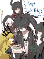 belt bikini birthday_cake black_coat black_crown_(object) black_hair black_rock_shooter black_rock_shooter_(character) blonde_hair blue_eyes cake chariot_(black_rock_shooter) closed_eyes coat crown dead_master food happy_birthday highres hood hoodie horns jewelry long_hair macaron mutomorokoshi orange_eyes ring short_hair skeletal_hand strength_(black_rock_shooter) swimsuit twintails uneven_twintails wedding_ring white_hair yellow_eyes