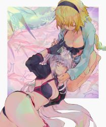 Rule 34 | 2girls, ahoge, bad id, bad pixiv id, bikini, black bikini, black jacket, blonde hair, blue eyes, border, braid, breasts, choker, cleavage, closed eyes, closed mouth, commentary request, fate/grand order, fate (series), gloves, grey border, hair between eyes, hairband, jacket, jeanne d&#039;arc alter (swimsuit berserker) (fate), jeanne d&#039;arc (fate), jeanne d&#039;arc (ruler) (fate), jeanne d&#039;arc (swimsuit archer) (fate), jeanne d&#039;arc (swimsuit archer) (first ascension) (fate), jeanne d&#039;arc alter (fate), jeanne d&#039;arc alter (swimsuit berserker) (fate), kibadori rue, large breasts, long hair, multicolored background, multiple girls, o-ring, sad, shrug (clothing), smile, swimsuit, very long hair, yellow eyes