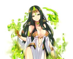 Rule 34 | 1girl, armlet, bare shoulders, bracelet, breasts, circlet, closed mouth, cobra (animal), cowboy shot, detached sleeves, dot nose, dress, ellaim (master of eternity), fumes, game cg, gem, gold armlet, gold bracelet, gold choker, gold circlet, gradient eyes, green eyes, green gemstone, green hair, hand up, head tilt, jewelry, large breasts, long hair, looking at viewer, master of eternity, multicolored eyes, navel, non-web source, official art, orange eyes, pelvic curtain, plunging neckline, poison, simple background, smile, solo, transparent background, very long hair, white dress