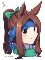 Rule 34 | 1girl, alternate costume, alternate hairstyle, animal ears, balladeluce, bandana, blue headband, bow, brown hair, closed mouth, commentary request, green bandana, green bow, headband, highres, horse ears, horse girl, king halo (umamusume), long hair, looking at viewer, ponytail, portrait, red eyes, simple background, smile, solo, twitter username, umamusume, white background