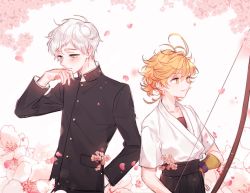 Rule 34 | 1boy, 1girl, ahoge, alternate costume, armlet, blue eyes, blush, bow, buttons, cherry blossoms, closed mouth, collar, commentary, emma (yakusoku no neverland), emma is emperor, gloves, green eyes, hand in pocket, hand up, highres, jacket, japanese clothes, kimono, long sleeves, looking down, looking to the side, norman (yakusoku no neverland), orange hair, school uniform, short hair, simple background, smile, uniform, white hair, yakusoku no neverland