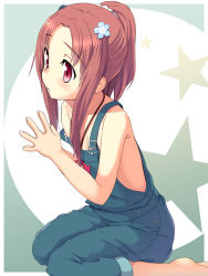 Rule 34 | 10s, 1girl, bare shoulders, blush, brown hair, galilei donna, hair ornament, highres, hozuki ferrari, naked overalls, no bra, overalls, own hands together, pizanuko, ponytail, red eyes, sidelocks, solo