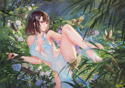 Rule 34 | 1girl, atdan, bare arms, bare legs, bare shoulders, bird, breasts, brown hair, cleavage, day, dress, feet, flower, forest, hair ornament, halter dress, halterneck, high heels, large breasts, leg up, looking at viewer, microphone, nature, no bra, original, outdoors, panties, parted lips, pelvic curtain, petals, plant, red eyes, revealing clothes, revision, short hair, sideless outfit, sleeveless, sleeveless dress, solo, thighs, underwear, white dress, white panties