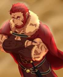 Rule 34 | 1boy, ancient greek clothes, bara, beard, cape, crossed arms, dark-skinned male, dark skin, facial hair, fate/zero, fate (series), feet out of frame, from above, fur-trimmed cape, fur trim, greco-roman clothes, highres, iskandar (fate), keijimohumohu, male focus, mature male, muscular, muscular male, pectoral cleavage, pectorals, red cape, red eyes, red hair, short hair, smile, solo, thick eyebrows