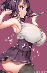 Rule 34 | 1girl, armpits, ass, bare shoulders, blue eyes, breasts, huge breasts, purple hair, short hair, skirt, solo, thighhighs