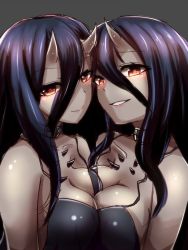 Rule 34 | 10s, 2girls, abyssal ship, bare shoulders, battleship princess, battleship water oni, black dress, breast press, breasts, dress, dual persona, glowing, glowing eyes, hair between eyes, horns, kantai collection, large breasts, long hair, looking at viewer, loussier666, multiple girls, pale skin, parted lips, red eyes, single horn, skin-covered horns, smile, symmetrical docking, yellow eyes