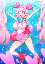 Rule 34 | 1girl, :d, alternate breast size, antenna hair, aqua hair, arms up, blue background, blue choker, blue eyes, blue sailor collar, breasts, character request, choker, commentary request, fingerless gloves, gloves, gradient background, heart, highres, joy ride, kururun (precure), large breasts, long hair, looking at viewer, magical girl, multicolored hair, open mouth, pink hair, precure, sailor collar, smile, solo, thighhighs, tropical-rouge! precure, twintails, two-tone hair, very long hair, white gloves, white thighhighs