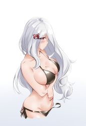 Rule 34 | 1girl, absurdres, bare shoulders, bear hair ornament, bikini, black bikini, blush, breasts, cleavage, closed mouth, collarbone, crossed arms, girls&#039; frontline, hair ornament, highres, large breasts, long hair, looking down, nym+ (nymplus), pk (girls&#039; frontline), red eyes, silver hair, solo, standing, swimsuit, white background