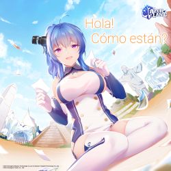 Rule 34 | 1girl, :d, absurdres, ahoge, azur lane, bare shoulders, blue hair, blue sky, blush, breasts, cleavage, cloud, copyright name, day, dress, elbow gloves, garter straps, gloves, hair between eyes, highres, holding, large breasts, logo, long hair, looking at viewer, official art, open mouth, outdoors, purple eyes, ribbon, rimuu, second-party source, sidelocks, sitting, sky, smile, solo, spanish text, st. louis (azur lane), thighhighs, watermark, white gloves, white thighhighs, yokozuwari