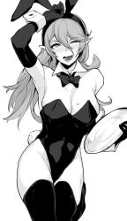 Rule 34 | 1girl, animal ears, arm up, breasts, cleavage, corrin (female) (fire emblem), corrin (fire emblem), detached collar, elbow gloves, fake animal ears, fake tail, fire emblem, fire emblem fates, gloves, greyscale, holding, holding plate, leotard, long hair, medium breasts, messatsu tan, monochrome, nintendo, one eye closed, open mouth, plate, playboy bunny, pointy ears, rabbit ears, rabbit tail, simple background, solo, strapless, strapless leotard, tail, thighhighs, white background, wrist cuffs