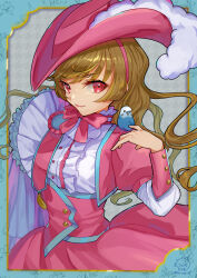 Rule 34 | 1girl, absurdres, animal, animal on shoulder, aqua border, award ribbon, bicorne, bird, bird on shoulder, border, bow, brown hair, cape, center frills, commentary, cropped jacket, floral background, frills, grey background, hat, hat feather, high-waist skirt, highres, jacket, layered sleeves, lips, long hair, long sleeves, looking at viewer, original, outside border, pink bow, pink eyes, pink hat, pink jacket, pink skirt, puffy short sleeves, puffy sleeves, sangatsu (mitsuki358), shirt, short over long sleeves, short sleeves, side cape, skirt, smile, solo, upper body, wavy hair, white cape, white shirt