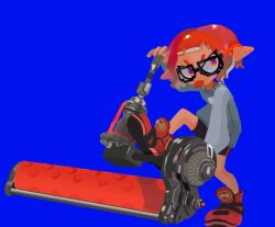 Rule 34 | 1girl, blue background, dynamo roller (splatoon), glasses, grimace, holding, inkling, inkling girl, inkling player character, looking at viewer, nintendo, paint roller, pointy ears, shoes, short hair, simple background, splat roller (splatoon), splatoon (series), squid, tentacle hair, tongue, tongue out