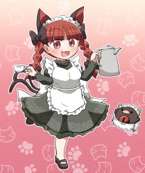 Rule 34 | 1girl, :3, :d, alternate costume, animal ear fluff, animal ears, animal print, apron, blunt bangs, blush, bow, braid, breasts, cat ears, cat print, cup, dress, enmaided, extra ears, fang, gradient background, hands up, heart, highres, holding, holding cup, holding teapot, juliet sleeves, kaenbyou rin, large breasts, long sleeves, looking at viewer, maid, maid headdress, multiple tails, open mouth, outline, paw print, pink background, pink eyes, puffy sleeves, red hair, reiuji utsuho, reiuji utsuho (bird), rokugou daisuke, smile, solo, standing, standing on one leg, tail, teacup, teapot, touhou, tray, twin braids, two tails, waist apron, white outline
