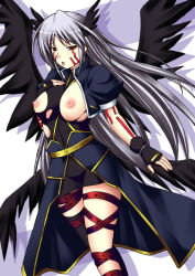 Rule 34 | 00s, 1girl, black wings, breasts, facial mark, gloves, kuronezumi, lyrical nanoha, mahou shoujo lyrical nanoha, mahou shoujo lyrical nanoha a&#039;s, multiple wings, nipples, red eyes, reinforce, silver hair, solo, thighhighs, torn clothes, wings