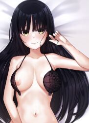 Rule 34 | 1girl, arm up, bare arms, bare shoulders, bed sheet, black bra, black hair, blunt bangs, blush, bra, breasts, breasts apart, cafe stella to shinigami no chou, closed mouth, collarbone, commentary, curvy, dakimakura (medium), fingernails, floral print, frilled bra, frills, front-hook bra, hair between eyes, hair down, hair spread out, highres, large breasts, light smile, lips, long hair, looking at viewer, lying, mole, mole under eye, navel, nipples, on back, open bra, shiki natsume, shiny skin, solo, stomach, tft (tft7822), underwear, upper body, yellow eyes