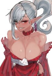 Rule 34 | 1girl, bare shoulders, blush, breasts, choker, cleavage, collarbone, dark-skinned female, dark skin, detached sleeves, dress, earrings, garter straps, gloves, grey hair, grin, hair over one eye, jewelry, kahill, large breasts, long hair, looking at viewer, original, pointy ears, ponytail, red choker, red dress, red eyes, simple background, smile, solo, sundress, unfinished, white background, white gloves