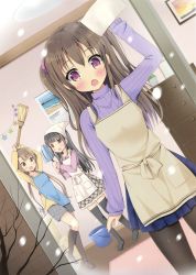Rule 34 | 3girls, :d, absurdres, apron, arms up, black hair, black legwear, blue apron, blue skirt, blush, brown eyes, brown hair, dutch angle, from outside, green eyes, grey apron, hair between eyes, hair ornament, hair scrunchie, highres, holding, long hair, looking at viewer, miniskirt, mori airi, multiple girls, open mouth, original, pantyhose, pleated skirt, purple eyes, purple scrunchie, purple sweater, scrunchie, shirt, skirt, smile, snowing, standing, sweater, thighhighs, twintails, white apron, yellow shirt