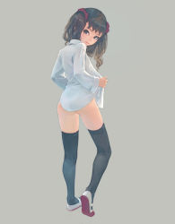 Rule 34 | 1girl, ass, bottomless, bow, brown eyes, brown hair, from behind, full body, hair bow, kneepits, legs, looking back, no panties, original, shirt, shoes, simple background, solo, standing, thighhighs, twintails, undressing, uwabaki, weno, white shirt