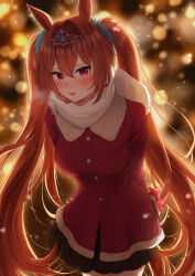 Rule 34 | 1girl, absurdres, animal ears, arms behind back, backlighting, black skirt, blue scrunchie, blurry, blush, bokeh, brown hair, christmas, coat, commentary, daiwa scarlet (umamusume), depth of field, fringe trim, frown, gift, hair intakes, hair ornament, hair scrunchie, highres, holding, holding behind back, holding gift, horse ears, horse girl, horse tail, leaning forward, light particles, long hair, long sleeves, looking at viewer, miniskirt, night, open mouth, outdoors, pleated skirt, red coat, sayosayo-0, scarf, scrunchie, skirt, solo, standing, tail, tiara, twintails, umamusume, very long hair, white scarf