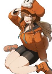 Rule 34 | 1girl, bare legs, bike shorts, black shorts, brown eyes, brown hair, cabbie hat, fingerless gloves, flasso, full body, gloves, guilty gear, guilty gear strive, hair between eyes, hat, highres, hood, hood down, hoodie, jacket, long hair, long sleeves, looking at viewer, may (guilty gear), on floor, open mouth, orange jacket, pirate hat, salute, shoes, shorts, sitting, skull and crossbones, solo, white background