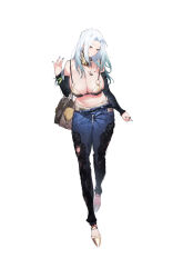 Rule 34 | 1girl, absurdres, aqua hair, bag, black nails, blue nails, blue pants, bra, bracelet, breasts, colored tips, commentary, denim, detached collar, detached sleeves, full body, gebijiade 89, half-closed eyes, hand up, handbag, highres, jeans, jewelry, large breasts, long hair, looking at viewer, lowleg, lowleg pants, multicolored hair, nail polish, necklace, o-ring, o-ring top, original, panties, pants, parted bangs, pendant, print bra, revealing clothes, simple background, sketch, skindentation, smile, solo, standing, streaked hair, symbol-only commentary, thumb ring, torn clothes, torn pants, underwear, white background, white hair, yellow bra, yellow fur, yellow panties