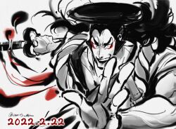 Rule 34 | 1boy, black hair, excited, eyeliner, fighting stance, food, highres, holding, holding sword, holding weapon, japanese clothes, katana, kimono, kouzuki oden, long hair, makeup, male focus, manly, oden, one piece, pirate, red eyeliner, samurai, sideburns, smile, sword, vamos mk, weapon