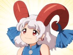 Rule 34 | 1girl, blue bow, blue shirt, bow, closed mouth, commentary, earrings, horizontal pupils, horn bow, horn ornament, horns, jewelry, meandros, medium bangs, medium hair, pointy ears, red eyes, red horns, sheep horns, shirosato, shirt, sleeveless, sleeveless shirt, smile, solo, touhou, toutetsu yuuma, unfinished dream of all living ghost, upper body, white background, white hair