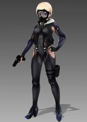 Rule 34 | 1girl, armpit cutout, bad id, bad pixiv id, black gloves, blonde hair, bodysuit, clothes writing, clothing cutout, covered mouth, covered navel, fingerless gloves, full body, gas mask, gloves, gradient background, grey background, gun, hand on own hip, handgun, high heels, highres, holding, holding gun, holding weapon, holster, hood, hood down, hooded jacket, jacket, jilllxlxl, knee pads, legs apart, mask, open clothes, open jacket, original, pistol, pocket, science fiction, shadow, short hair, side cutout, sig sauer, solo, standing, thigh holster, transparent, trigger discipline, unzipped, weapon