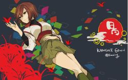 Rule 34 | 10s, 1girl, brown hair, character name, grey background, hand on own stomach, highres, hyuuga (kancolle), japanese clothes, kantai collection, lying, musasabing, origami, paper crane, red eyes, ribbon-trimmed sleeves, ribbon trim, short hair, twitter username
